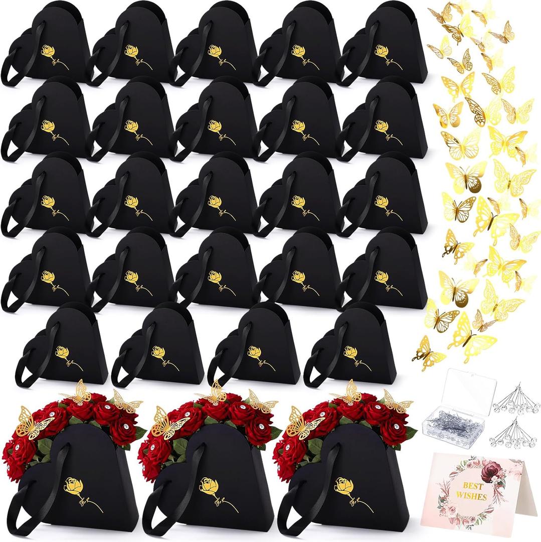 Fullhawl 24 Sets Heart Flower Boxes for Mother's Day, Bouquet Flower Arrangement Gift Boxes with Gold Butterflies Pins and Cards, Floral Gift Packaging for Mom Florist Bouquet DIY(Black)