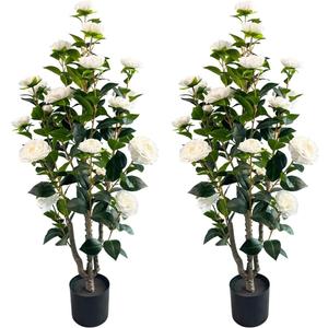 3.4ft Artificial Camellia Tree | White Flowers & Green Leaves | Indoor Outdoor Decor, No Maintenance (2 Pack - White)