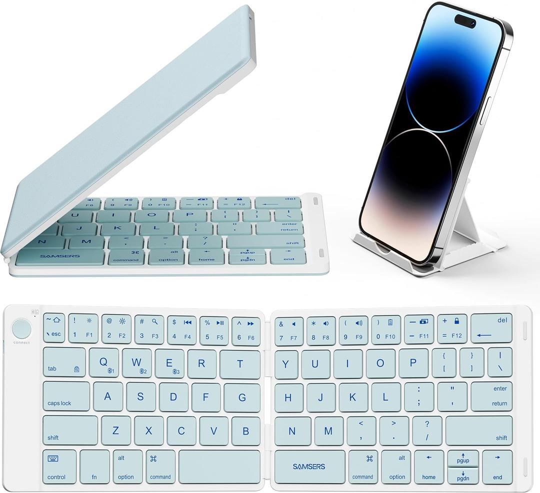 Samsers Bluetooth Foldable Keyboard, Wireless Portable Folding Keyboard, Full-Size Ultra-Slim Rechargeable Connect Up to 3 Devices for iOS Android Windows Phone Tablet and Laptop, Blue (BT x 3)