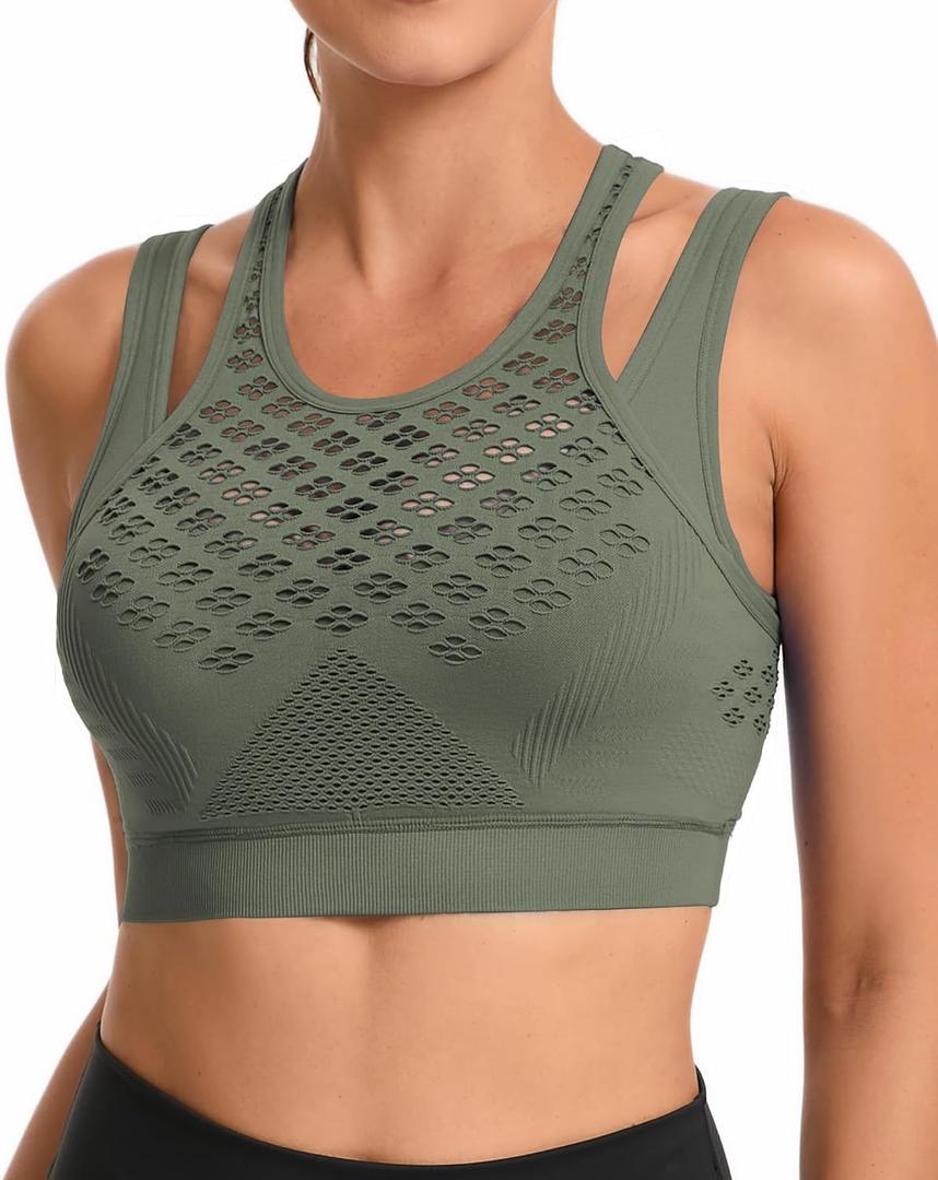 RUNNING GIRL Sports Bras for Women High Support,Seamless Ribbed Longline High Neck Sports Bra Racerback Padded Crop Top Yoga (Green, L)