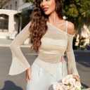 Avidlove Women Mesh Top Long Sleeve Rhinestone Tops Off Shoulder Bell Sleeve Drawstring Blouse Sheer Sparkly Shirt S-XXL (Champagne)