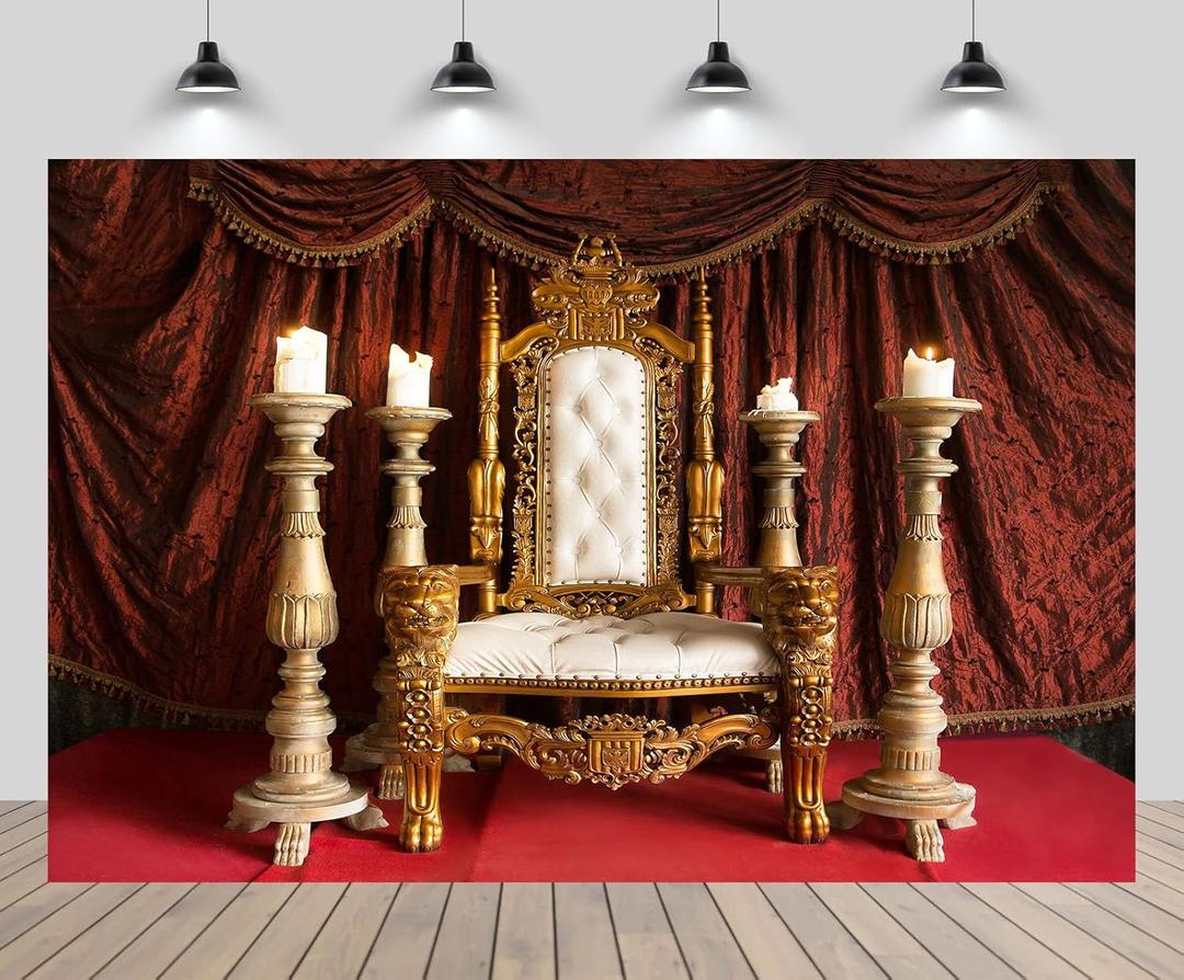 7x5ft Luxury Royal Chair Backdrop European Retro Classic Red Curtains Gold King Throne Background for Wedding Bridal Shower Birthday Party Kids Adults Photoshoot Booth Props Wallpaper (B1-560)