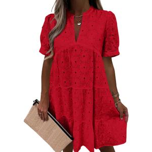 Imily Bela Womens Summer Lace Dresses Eyelet Casual Flowy Babydoll Swing Short Sleeve V Neck Tunic Dress Medium