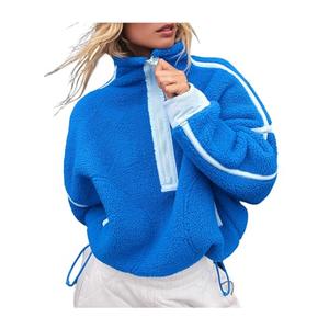 Kumufenc Women's Fleece Sweatshirts Half Zip Pullover Long Sleeve Oversized Workout Crop Tops Hoodie with Pocket(Blue,M)