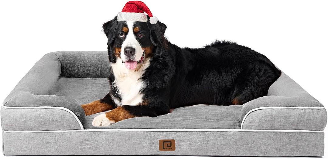 EHEYCIGA Orthopedic Dog Beds for Extra Large Dogs, Waterproof Memory Foam XXL Pet Bed with Sides, Non-Slip Bottom and Egg-Crate Foam Big Dog Couch Bed with Washable Removable Cover, Grey