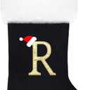 20 Inches Monogram Christmas Stockings Black Velvet with White Super Soft Plush Cuff Embroidered Xmas Stockings Classic Personalized Stocking Decorations for Family Holiday Season Decor(R)