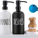 Glass Soap Dispenser for Kitchen, Farmhouse Dish Soap Dispenser&Hand Soap Dispenser Set,Rustproof Pump Soap Lotion Dispenser Set with Tray and Dish Brush,Kitchen Decor(Black&White)