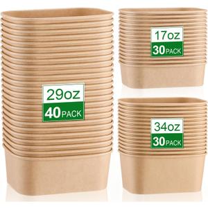 100 Pack 17oz 29oz 34oz Disposable Kraft Paper Bowls Without Lids Paper Food Container Meal Prep Container Rectangle Leakproof Takeout Bowl for Hot Cold Soup Salad Microwave Safe