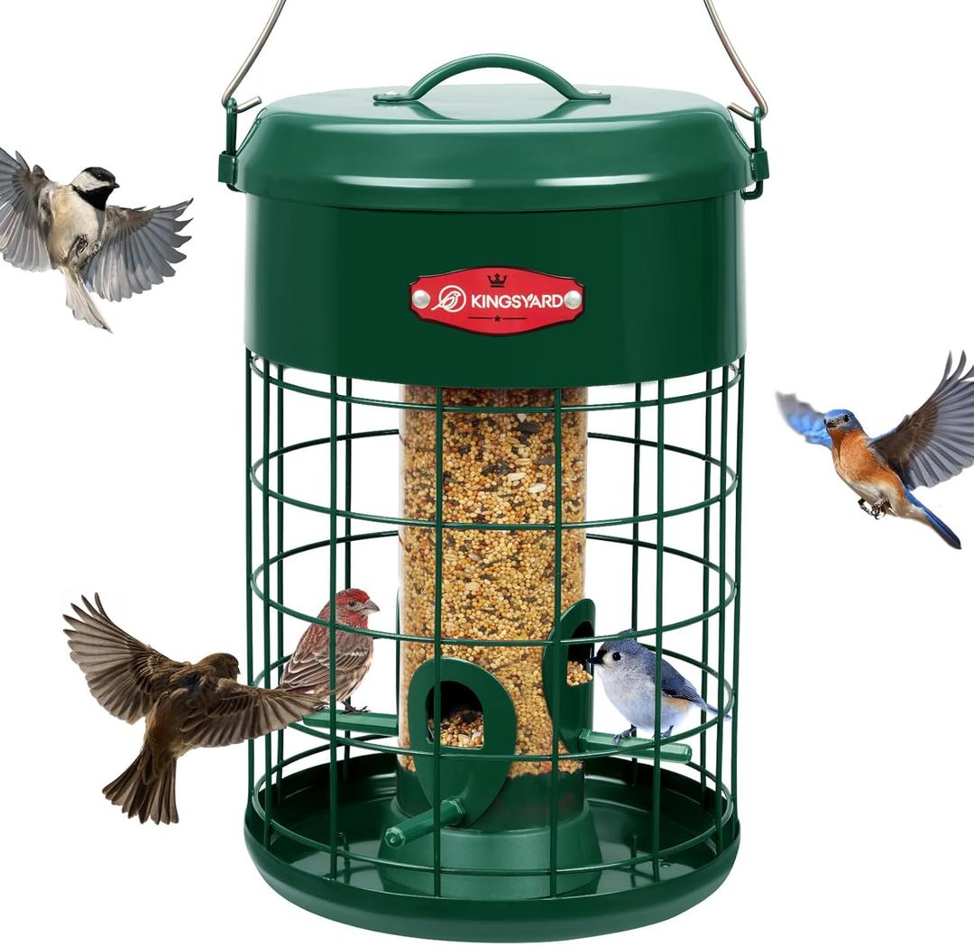 Kingsyard Upgraded Metal Squirrel Proof Caged Bird Feeder for Outdoor Hanging, 4 LBS Large Capacity Tube Bird Feeder with 4 Feeding Ports & Perches, Weatherproof Seed Tray, Green