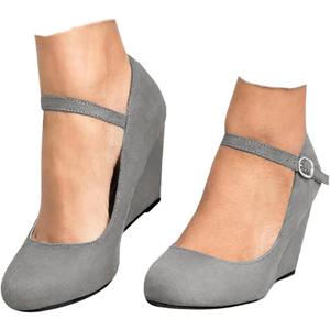 Coutgo Womens Wedge Pumps Dressy Mary Jane Shoes Comfort Wedges Closed Toe Ankle Strap Heeled Shoes (10, Grey)