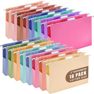 16 Pack Extra Capacity Plastic Hanging File Folders Letter Size Heavy Duty 2 Inch Expansion Reinforced Hang Folder with 1/5-cut Tabs Filing Cabinet Folders for Office Home (Multicolor)