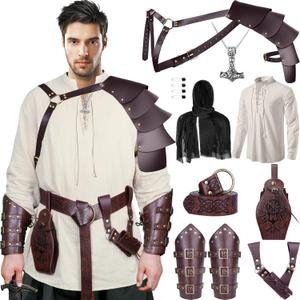 Fasouna 9 Pcs Men's Renaissance Viking Costume Medieval Armor Pirate Shirt Accessories Set for Halloween (Brown-classic Color)