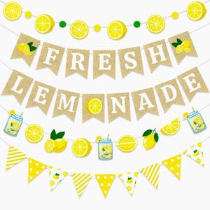 5pcs Lemonade Stand Party Decorations  Lemon Sign Burlap Banner, Citrus Garland Supplies for Yellow Birthday, Bridal Shower, Summer Decor