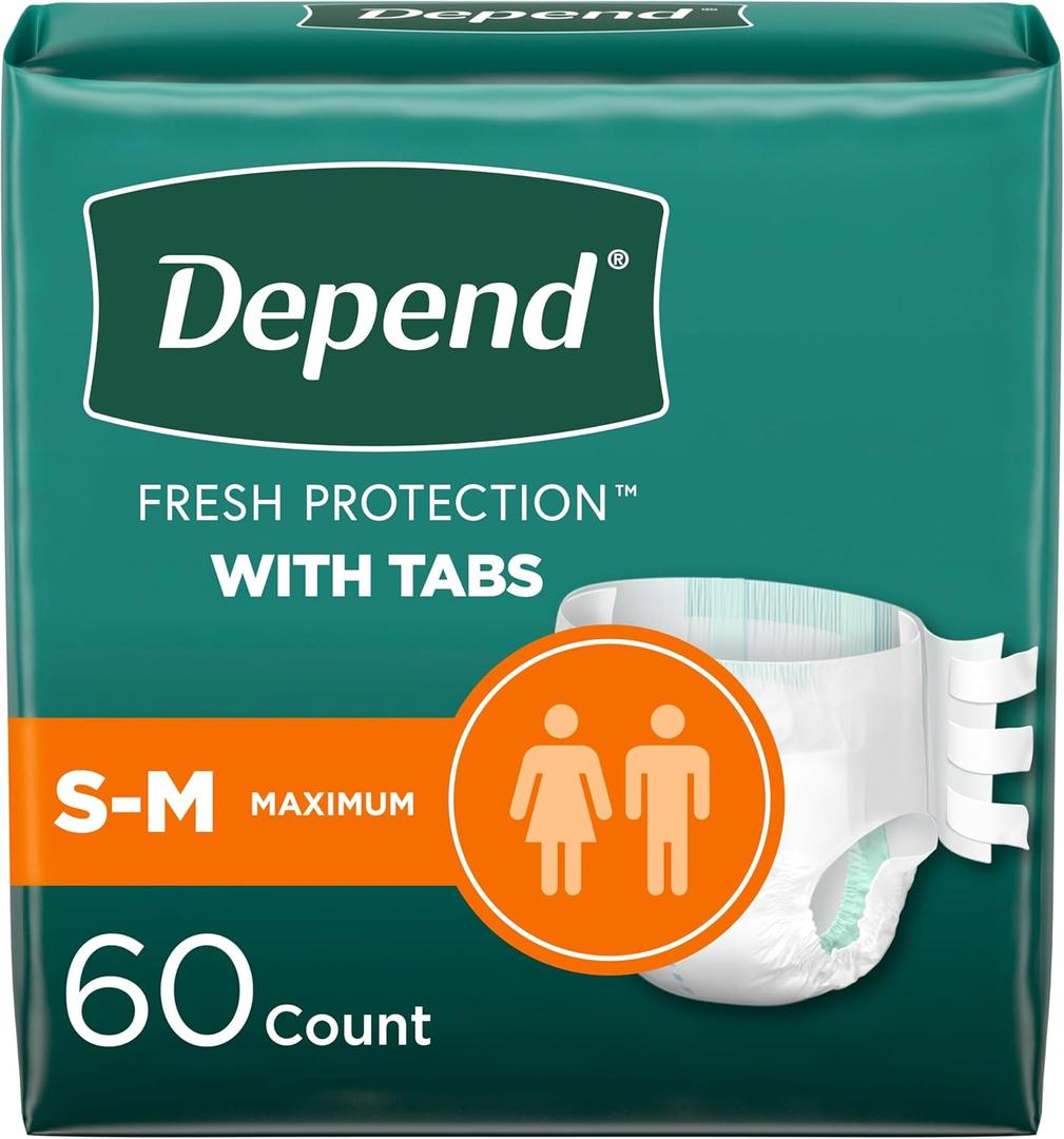 Depend Incontinence Protection with Tabs, Unisex, Small/Medium (1934" Waist, Up To 170 lbs), Maximum Absorbency, 60 Count (3 Packs of 20)