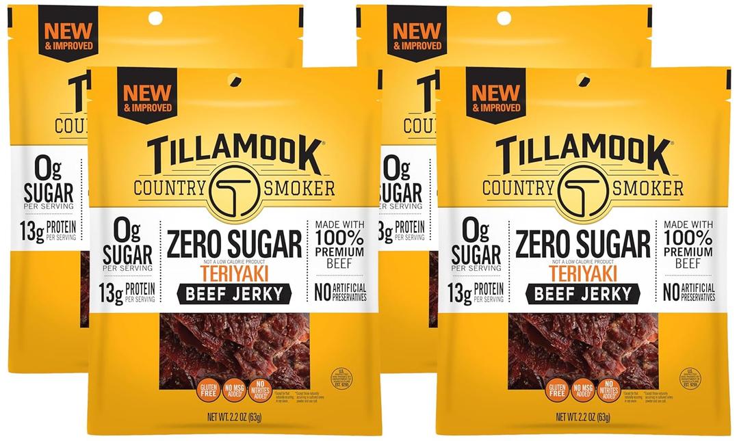 Tillamook Country Smoker Zero Sugar Keto Friendly Beef Jerky, Teriyaki, 2.2 Ounce (Pack of 4)