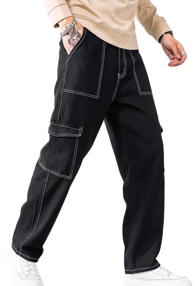 GORGLITTER Men's High Waist Baggy Jeans Wide Leg Denim Cargo Pants Contrast Stitching Skater Jeans Trousers Medium