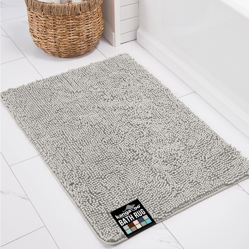 KANGAROO Bathroom Rugs, Chenille Soft Absorbent Bath Rug, Shaggy Shower Mat, Quick Dry Machine Wash Bathmat, Plush Carpet Mats for Tub, Bathtub and Room Home Decor Accessories, 24x17, Light Gray