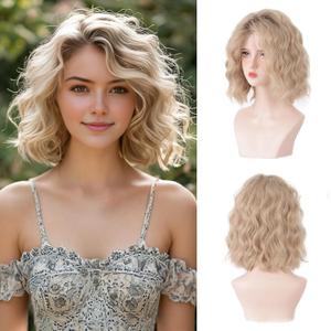 Short Ombre Ash Blonde Wavy Wigs for Women 14 Inch Shoulder Length Curly Wavy Bob Wig Synthetic Natural Hair Wig for Daily Party Use (Ash Blonde, 14 inch)