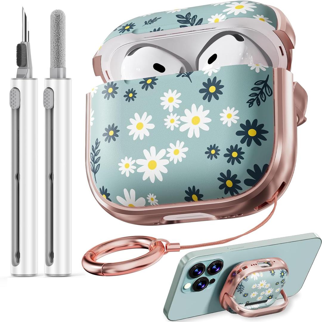 Inesore with Safety Lock for AirPods 4 Case,Clear Floral Cute AirPod 4th Generation Case for Women Girly with Cleaner Kit and Keychain- Green Daisy Flowers