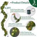 3PCS 6.2FT Christmas Garland with Lights, Real Touch Cedar Garland Thick and Lush Greenery with Soft Artificial Pine Branches for Mantle Fireplace Table Wall Outdoor Indoor Christmas Decorations, 6.2 Ft Tower Pine with Light