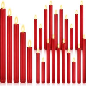 Rossesay 20 Pcs Flameless LED Taper Candles Battery Operated Taper Candles 5 Sizes of 6.5'', 7.7'', 8.8'', 10.0'', 11.2'' Flameless Candlesticks Flickering with 3D Flame for Wedding (Red)