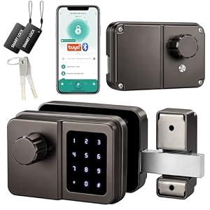 SEPOX Smart Bluetooth Gate Lock, Outdoor Gate Lock for Fence & Garage, Electronic Keyless IC Card, Passcode & Mechanical Key, Waterproof Rim Lock for Outdoor Garden Yard (Grey, Single Screen)