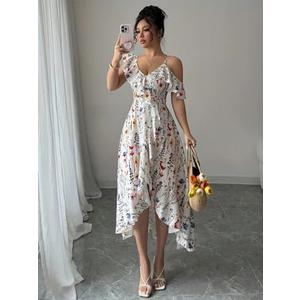 Women's Print Dress Ruffle Bodycon Deep V Neck Off-The-Shoulder Slit Dress 2025 Summer Casual Club Party Daily White Small
