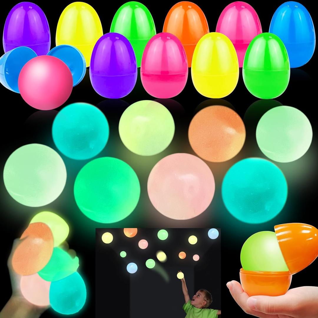 Easter Egg Fillers, 12 Pack 3" Large Filled Easter Eggs Glow in The Dark Sticky Ceiling Balls Stress Relief Fidget Toys for Kids Boys Girls Toddlers Teens Easter Basket Stuffers Hunt Party Favor Gifts