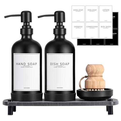 NEECZS Kitchen Soap Dispenser Set with Instant Dry Tray,16 Oz Hand and Dish Soap Black Glass Dispenser Set,Stainless Steel Pump,Waterproof Labels&Dish Brush,Luxury Soap Bottle for Kitchen,Bathroom