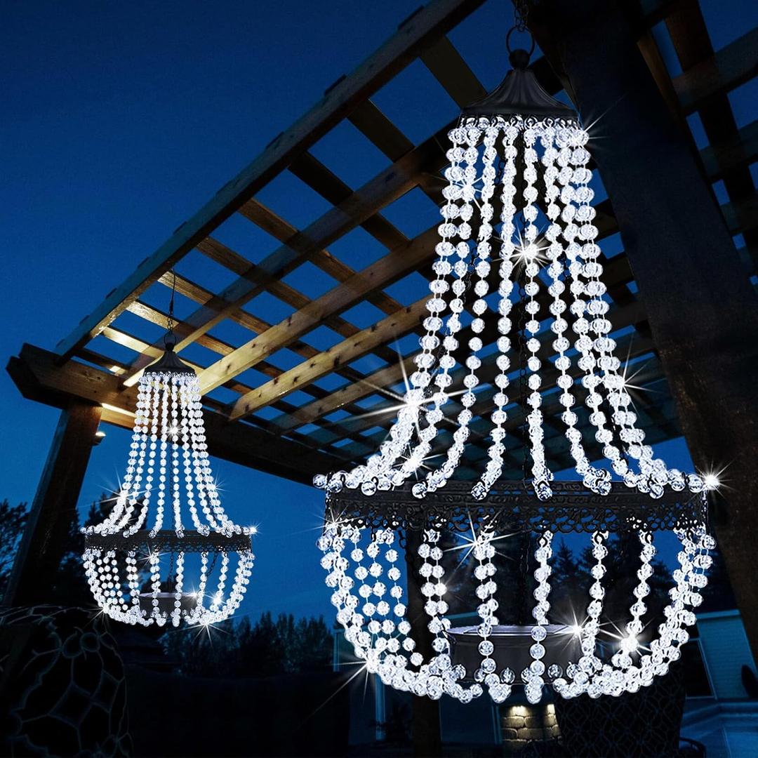 Hanging Solar Lantern Outdoor, 28 Modern Clear Crystal Acrylic Chandelier with 30 Cool White Lights S Hook for Garden, Yard, Patio, Gazebo Decorations
