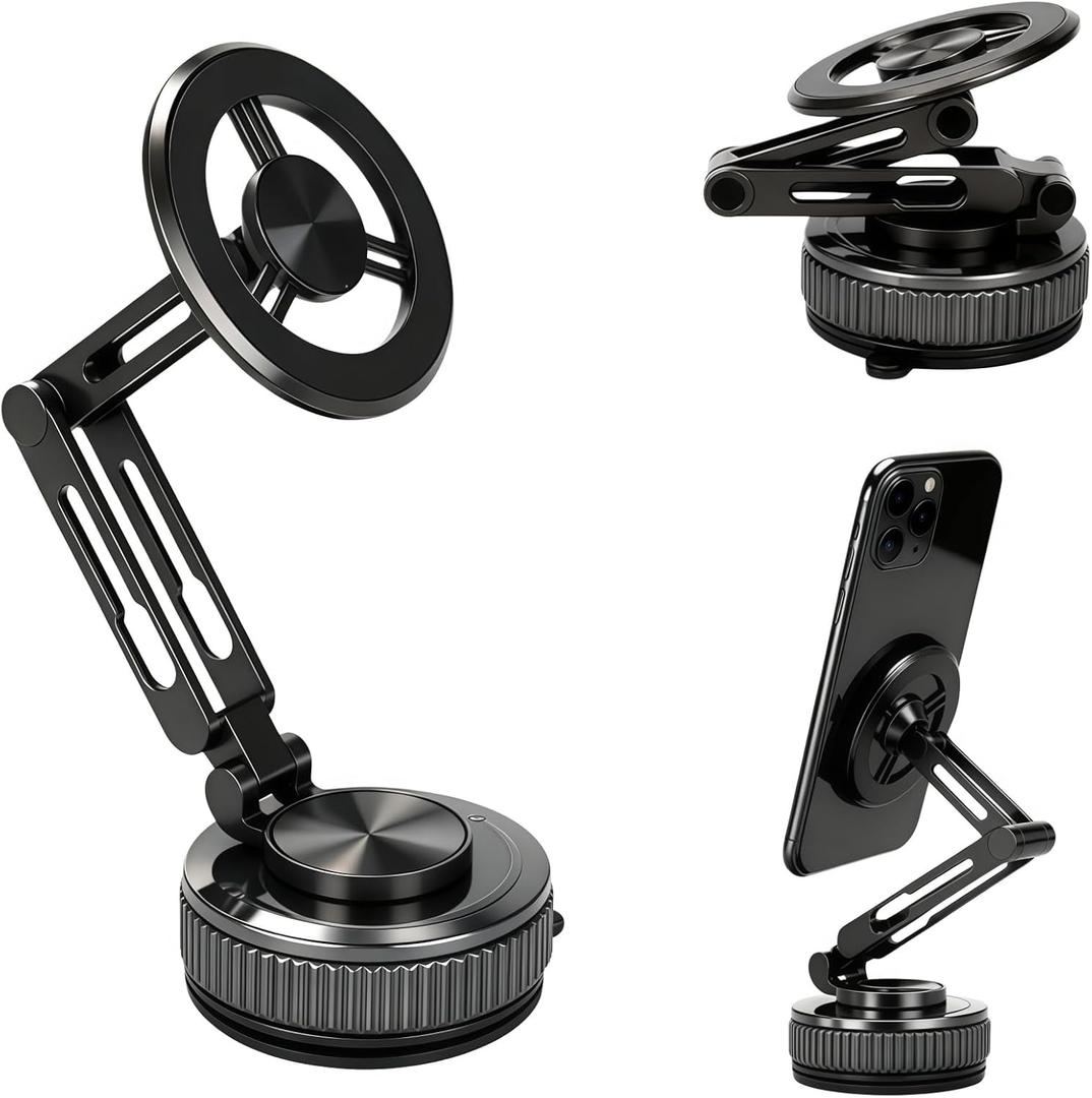 Extended Long Metal Arm Magnetic Car Phone Mount with Strongest Suction Cup, 360 Adjustable Universal Dashboard Windshield Holder for All iPhone Android Cell Phones, Heavy Duty for Car Truck SUV