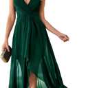 Women's Elegant V Neck Pleat Sleeveless Chiffon Ruffled Straps High-Low Hem Party Maxi Formal Dress (Medium, Dark Green)