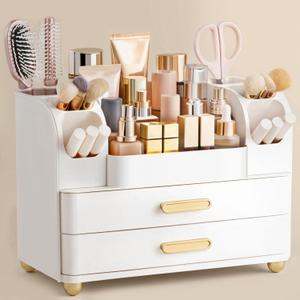 HBlife Makeup Organizer for Vanity with Brush Holder, Large Bathroom Countertop Cosmetic Organizer Skin Care Storage, Easy to Store Lipsticks, Nail Polishes, Perfumes, Eyeshadow Palettes, All White