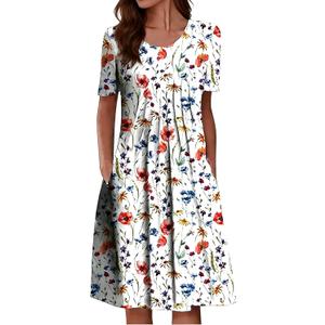 LOVESHOOT Womens Summer Midi Dress 2026 Casual Short Sleeve A Line Dress with Pockets Evening Wedding Guest Work (White, XXL)