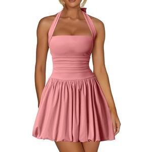 Kaximil Women's Sexy Halter Corset Mini Dress Bubble Ruched Waist Club Party Dresses with Built-in Shorts, L, Pink