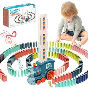 Domino Train Toy Set for Kids, Automatic Dominoes Blocks Building and Stacking Toys Creative Kids Games Early Education Christmas Birthday Gift Boys Girls Age 3 4 5 6 7 8 Year Old (Cyan)