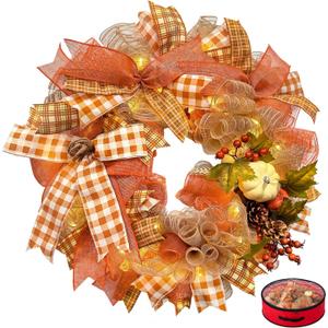24 Inch Fall Wreaths for Front Door, Pumpkin Autumn Wreath
