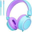 Olyre Kids Headphones, Toddler Headphones with Cord for School Plane Travel, Lightweight Stereo Wired Children Earphones with HD Microphone for Boys Girls for PC Cellphone Tablet(Icy Mint Blue/Purple)