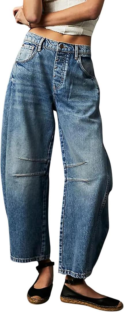 Womens Baggy Boyfriend Jeans Vintage Wide Leg Mid Rise Barrel Denim Ankle Pants Cropped Jeans (Medium, Blue)