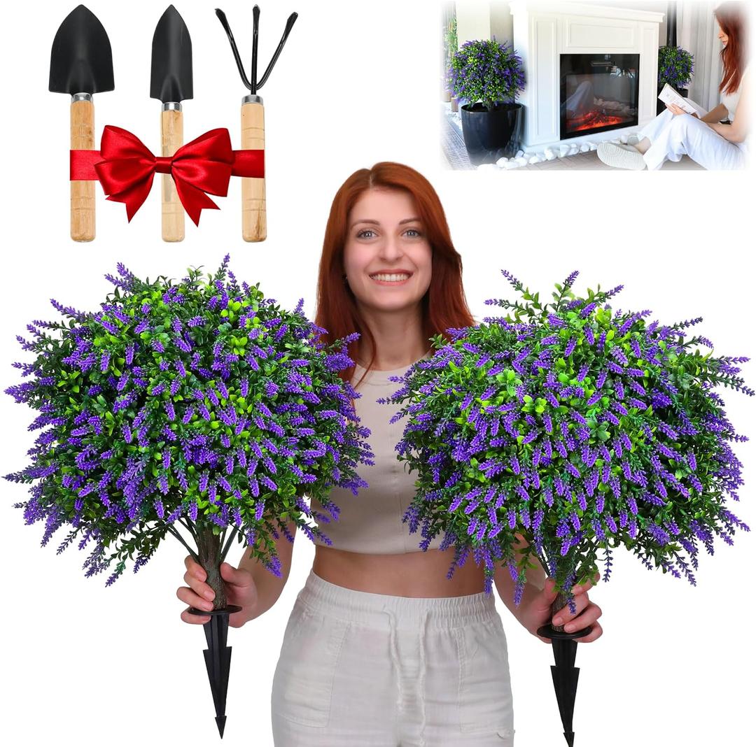 Artificial Boxwood Topiary Balls with Lavender 24" Set of 2 Faux Shrub Bushes, Evergreen Trees with Ground Spike & Garden Tools UV Resistant Faux Plants for Outdoor Planters, Porch & Front Door