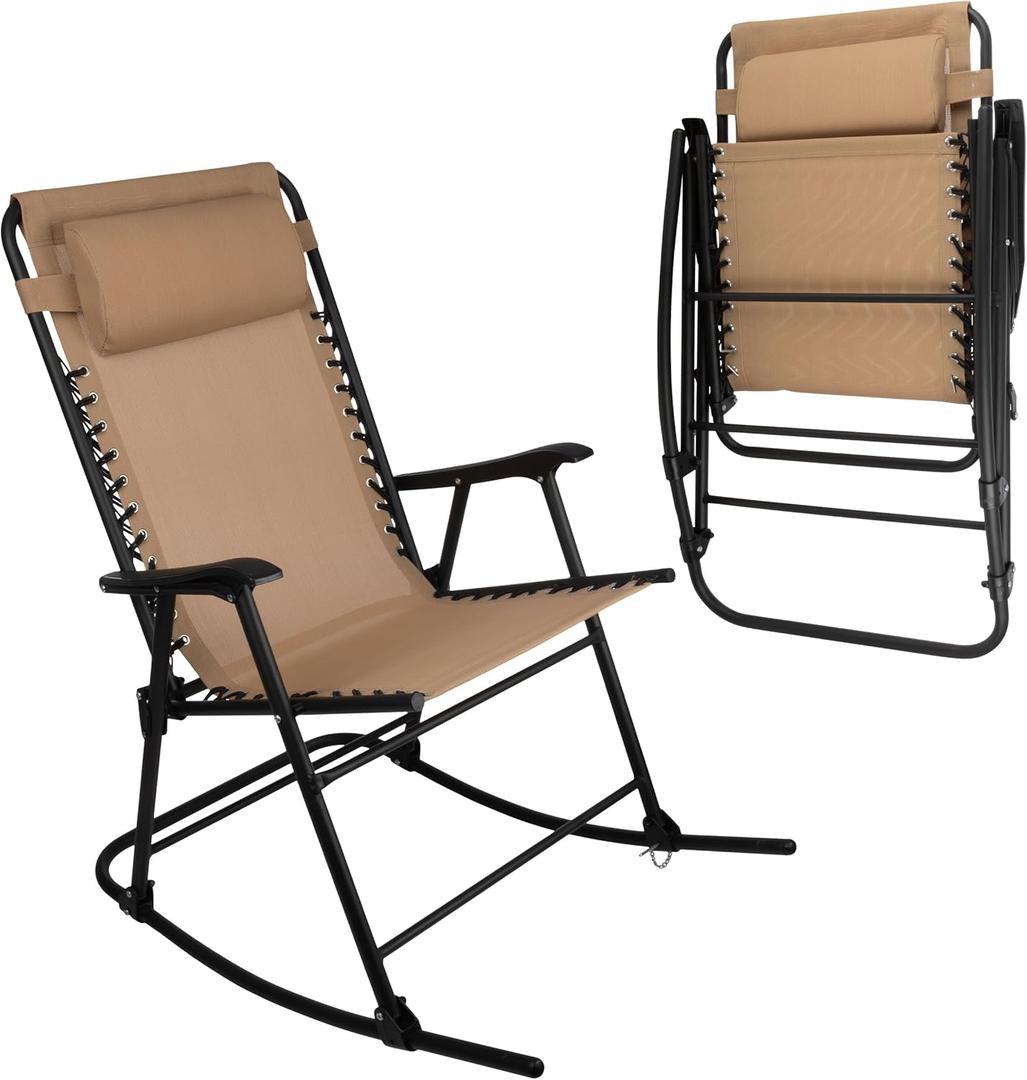 Folding Outdoor Rocking Chair - Zero Gravity Chair with Adjustable Pillow - Ergonomic Foldable Rocking Lounger Patio Furniture for Outside Lawn, Camping, or Front Porch by Lavish Home (Beige)
