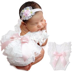ForBaysy Newborn Photography Props Girl Outfit Lace Romper Match Cute Flower Headband Newborn Dress Posing Props (White Stylea, One Size)