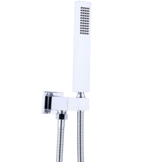ENGA Square Solid Brass Hand Held Wand Shower Head with Wall Connector and Stainless Steel Hose Set, Chrome