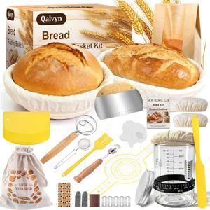 Sourdough Starter Kit,Sourdough Bread Baking Supplies, 9" Round and 10" Oval Banneton Bread Proofing Basket Set with Sourdough Starter Jar, Sourdough Bread Making Kit Valentine's Gifts for Women Wife