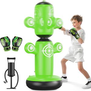 QPAU 360 Rotatable Punching Bag for Kids, Lager 64 Kids Punching Bag with Gloves, Hand Pump & 6 Targets, Bop Bag Inflatable Punching Toy, Karate Gifts for Boys, Girls (Green)