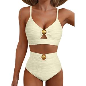 Herseas Womens 2 Piece Bikini Sets High Waisted Metal Ring Textured Swimsuit 2026 Summer Bathing Suits Beach Swimwear (Small, Beige)