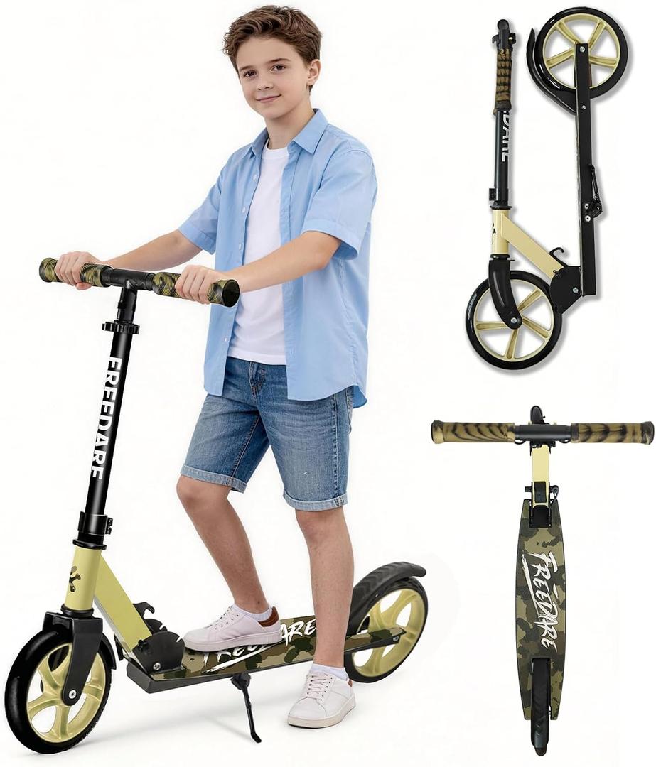 FREEDARE Foldable Kick Scooter for Ages 8+ Kid & Teens, Adults, Multi-Color | Kids Kick Scooter with 2 Big 8-inch Sturdy Wheels and 4-Level Adjustable Handlebar, Lightweight, Max Load 220 LBS