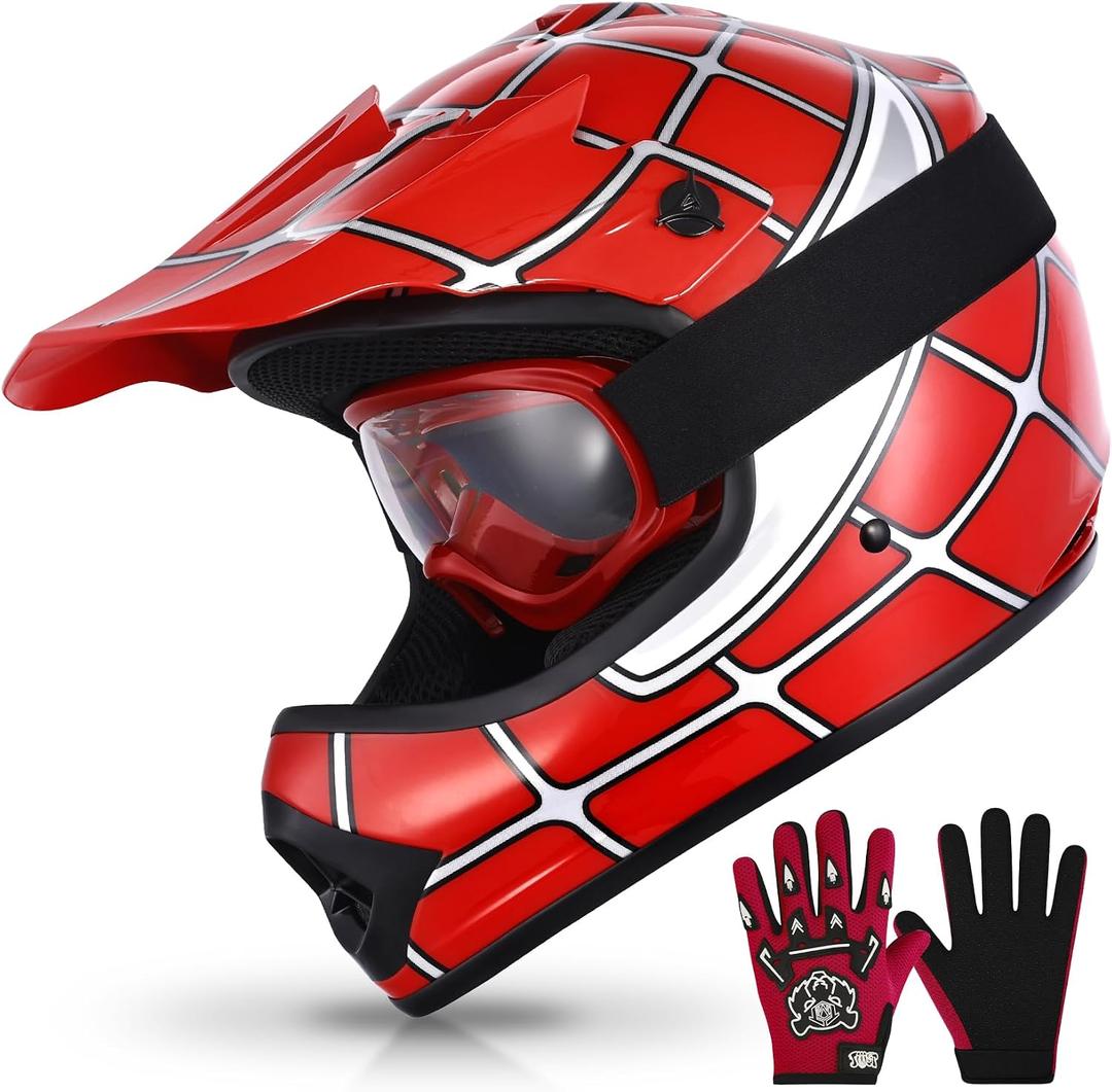 TCMT Dot Youth & Kids Motocross Offroad Street Helmet Red Spider Motorcycle Youth Helmet Dirt Bike Motocross ATV Helmet+Goggles+Gloves M