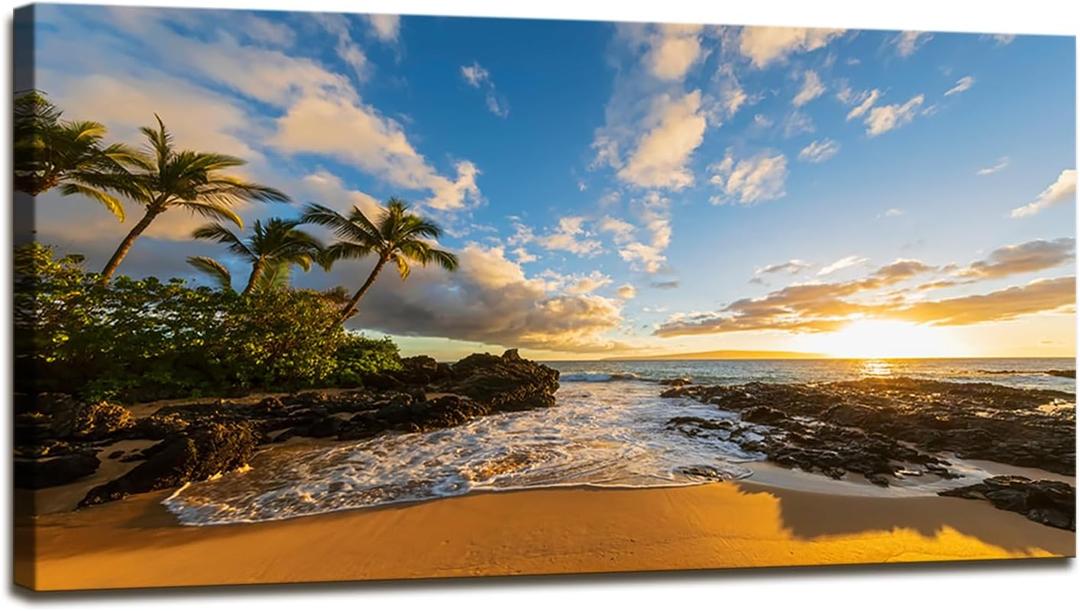 DZL Art S75462 Large Beach wall art Secret Beach at sunset, Maui, Hawaii Canvas Wall Art For Living Room Decoration Nature Picture Canvas Prints Painting for for Office Wall Decor Home Decorations, 48"L x 24"W
