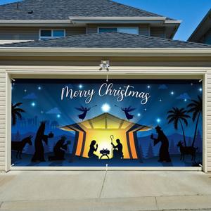 Magnetic Garage Door Christmas Cover 716ft, Christmas Garage Door Cover 2 Car with Nativity Design (Magnets*6 Included)